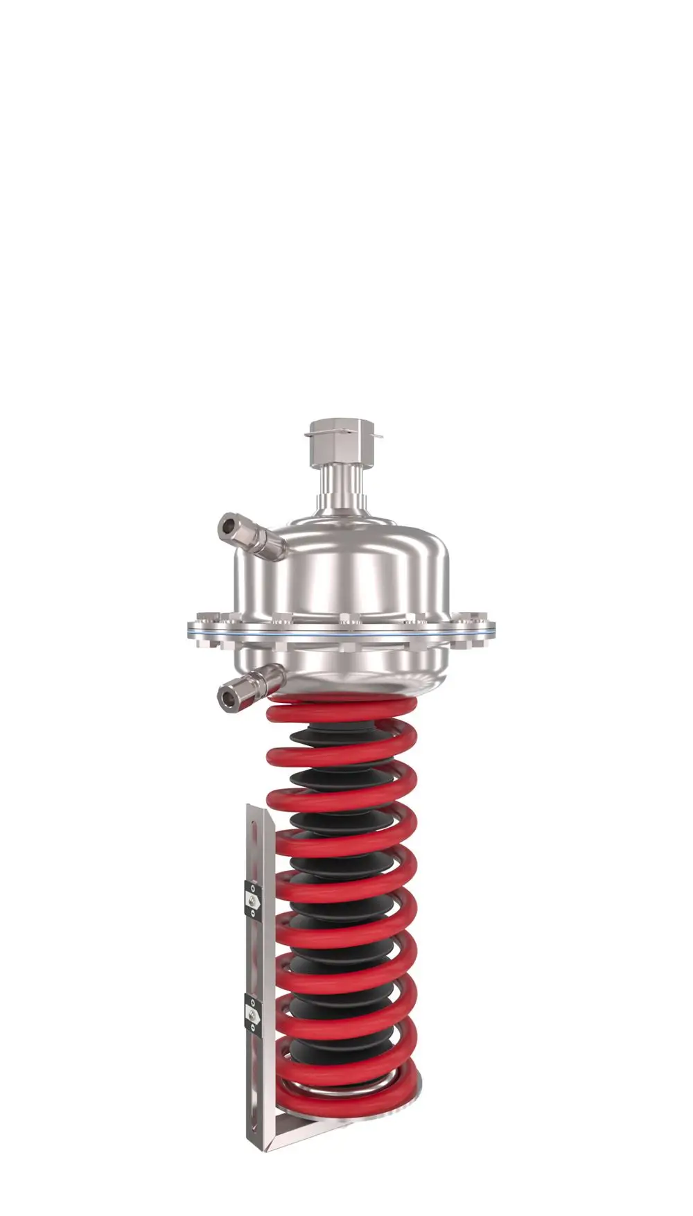 Kombination aus Druckminderer und Feder, hergestellt von Danfoss, mit Metallgehäuse, zwei Anschlussstellen und Rot-Schwarzer Feder im verchromten Rack.